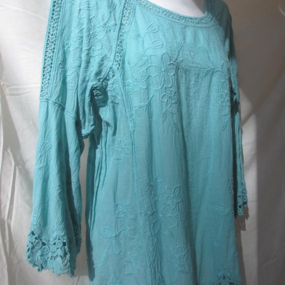 Tunic Top Blouse Size L LARGE Gauzy Cotton Crochet Hem Embroidered - Picture 3 of 12